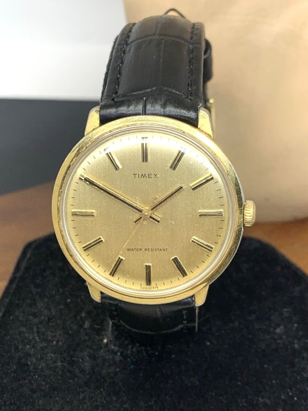 Timex Men's Watch Vintage Manual Wind Gold Dial Black Leather Strap 35mm